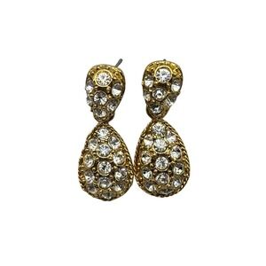 Vintage 80s Gold Pavé Rhinestone Teardrop Drop Dangle Earrings Sparkly‎